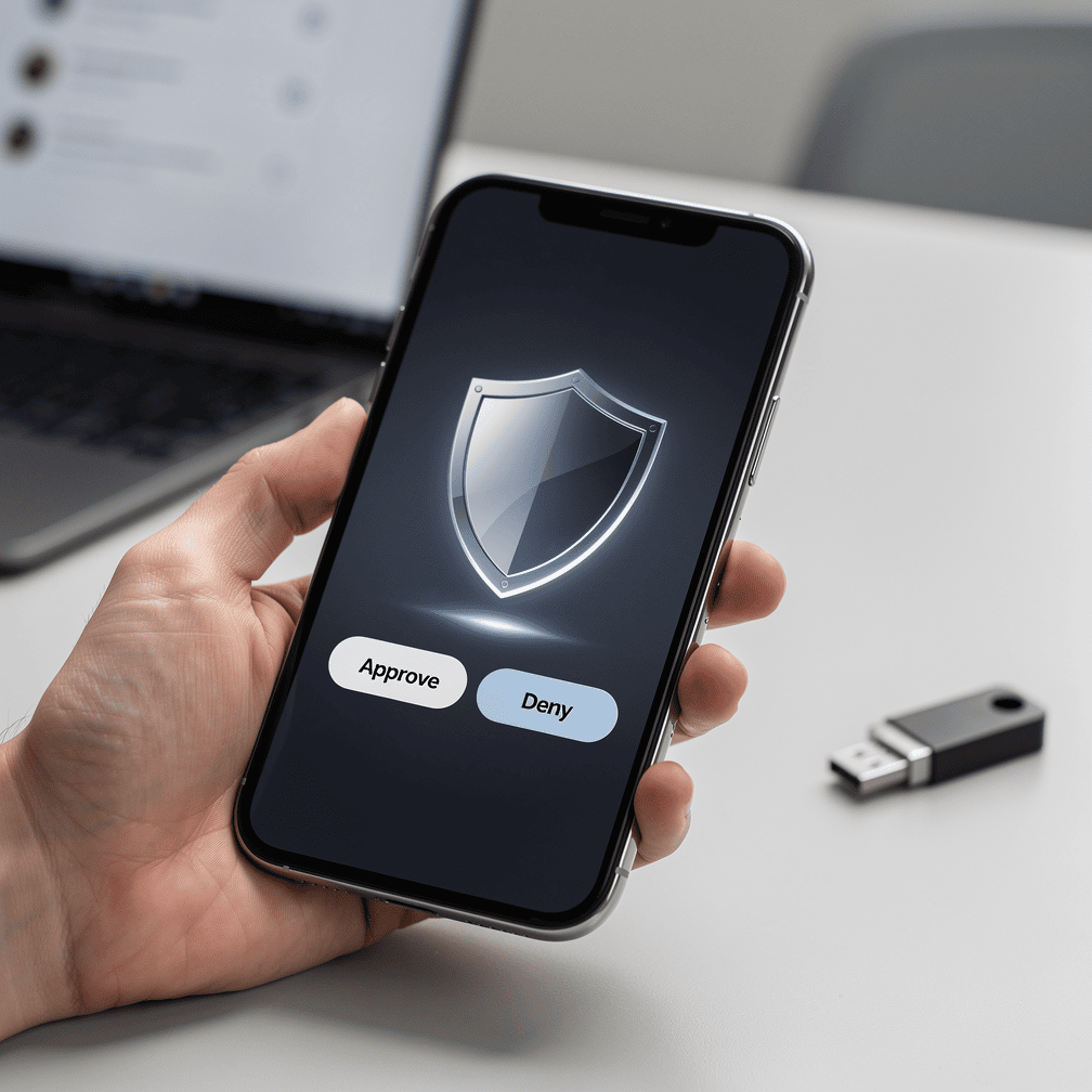 Smartphone showing a login approval prompt next to a hardware security key