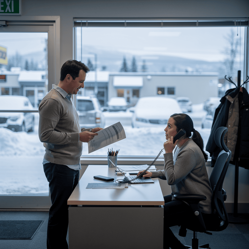 Coworkers verifying a payment request by phone in a small office