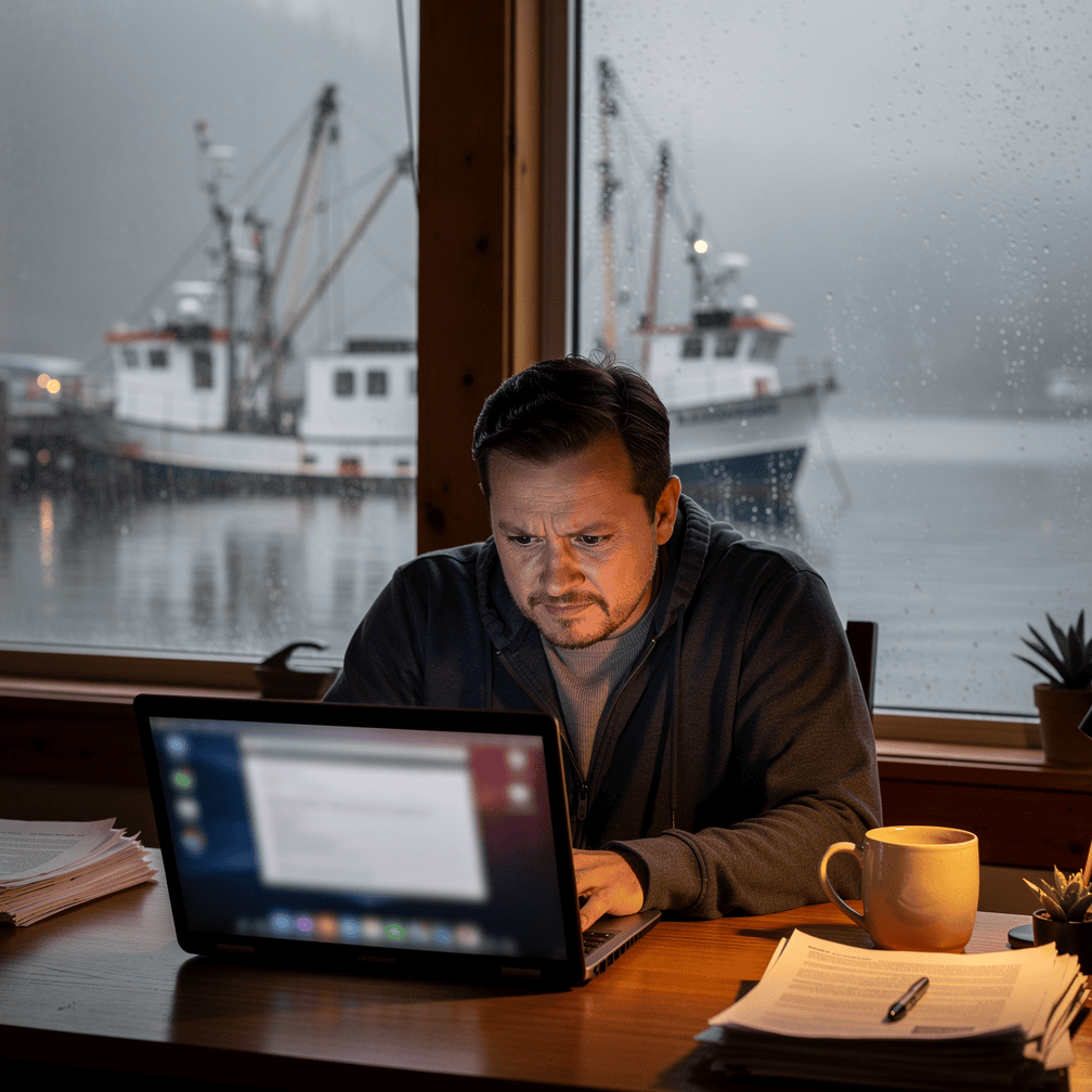 Business owner studying a laptop screen skeptically in a waterfront office