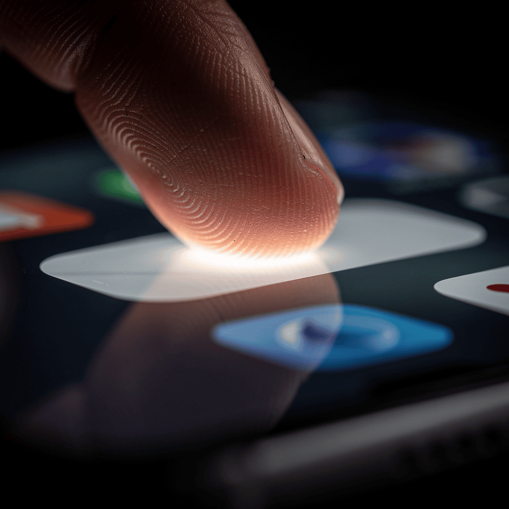 Fingertip pressing and holding a link on a smartphone screen