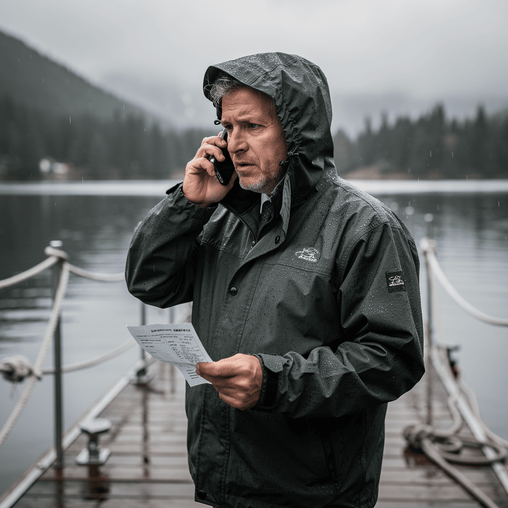 Charter boat captain on a dock making a phone call while holding a folded invoice
