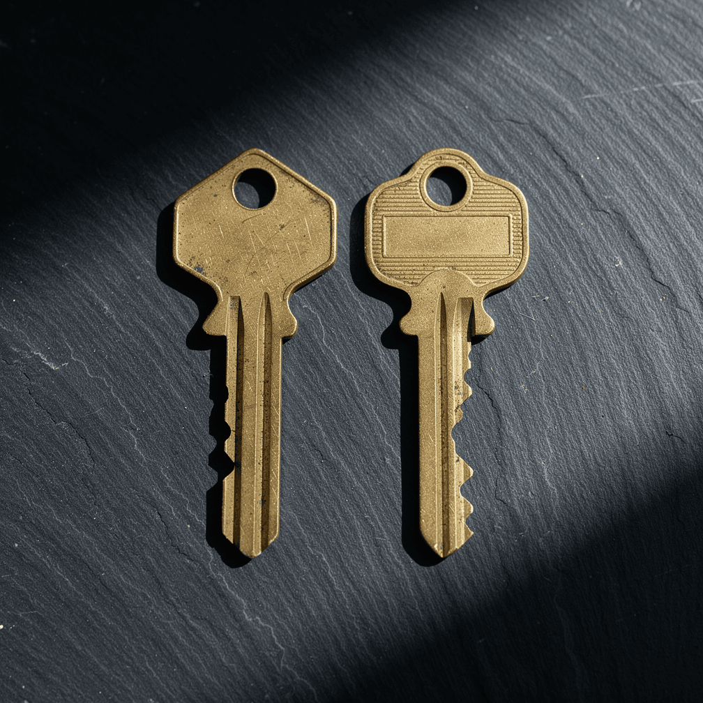 Two nearly identical brass keys side by side on dark slate