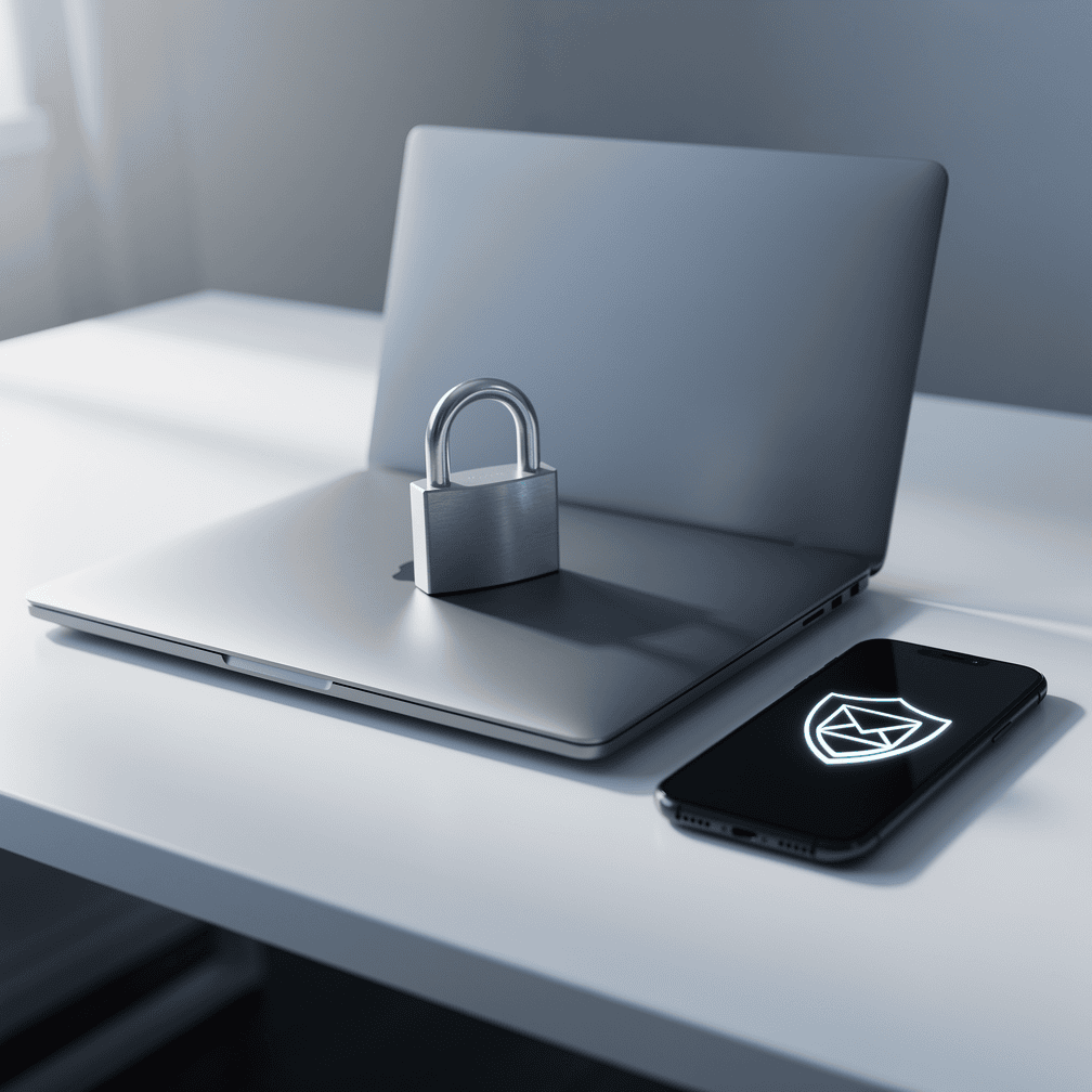 Padlock on a laptop keyboard next to a phone showing a shield icon